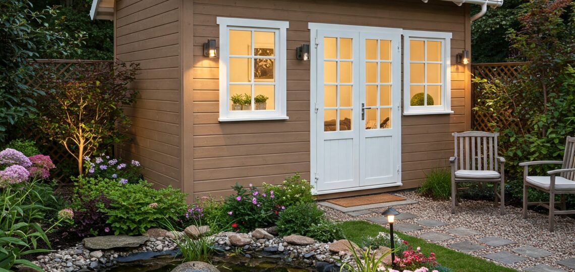 Gartenhaus in warmem Cappuccinoton mit weißen Fensterrahmen, Außenbeleuchtung und kleinem Teich mit blühender Bepflanzung.