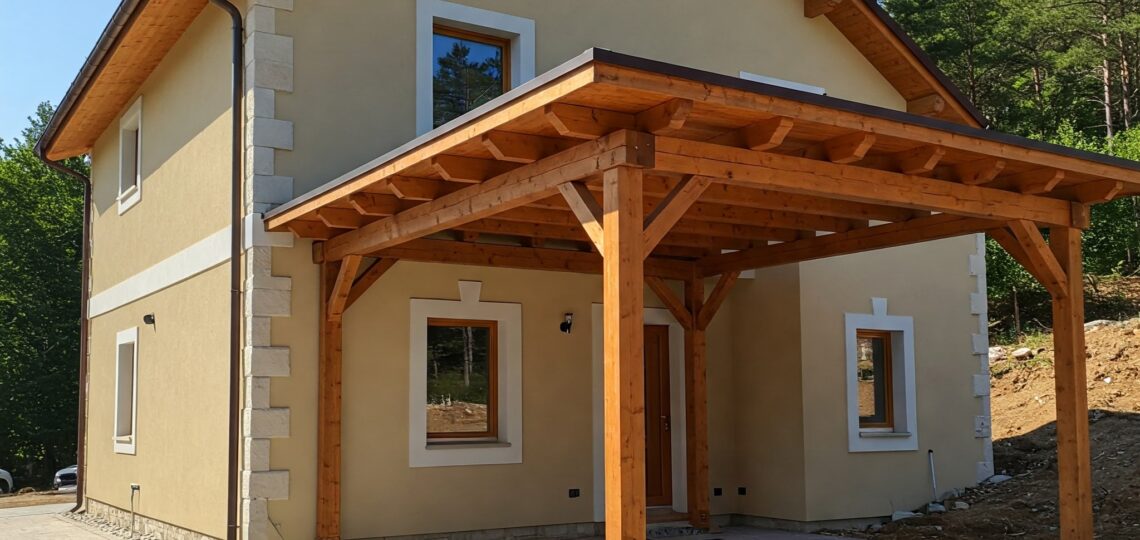 Modernes Holz-Carport mit natürlicher Holzlasur an einem beige verputzten Haus mit Sprossenfenstern und dunklem Dach
