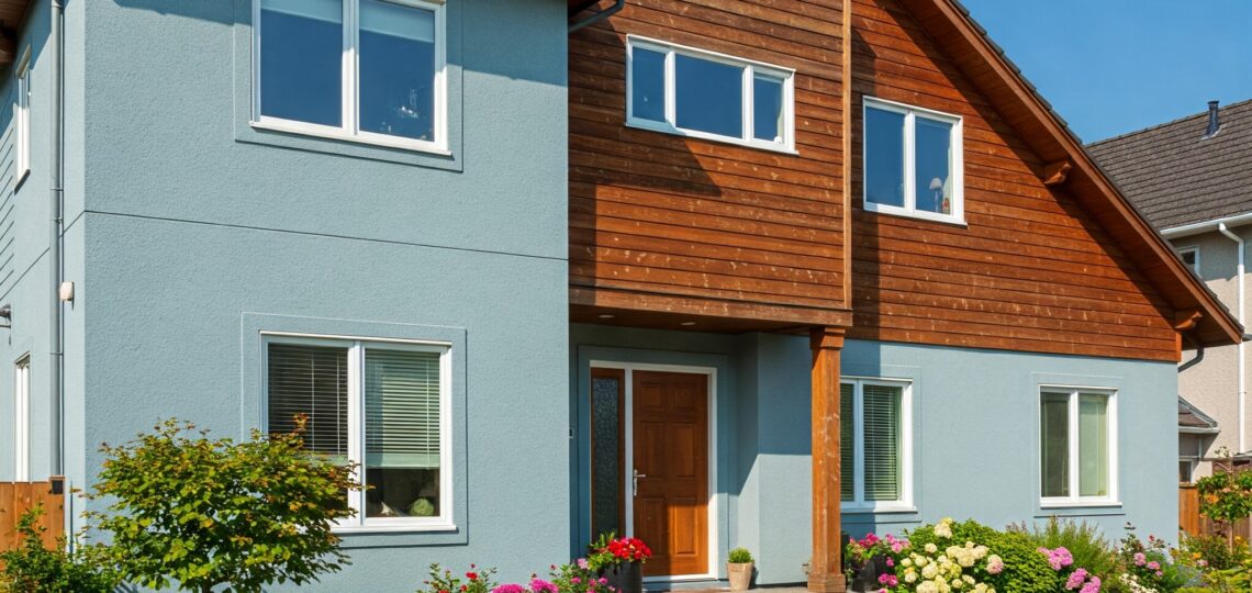 Modernes Haus mit zweifarbiger Fassade: Blaue Putzfassade kombiniert mit Holzverkleidung, umgeben von blühendem Garten.