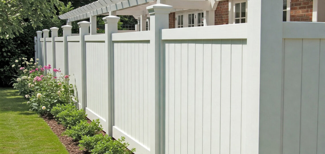 Weiß gestrichener Holzzaun mit klarer Linienführung und gepflegtem Garten im Hintergrund.