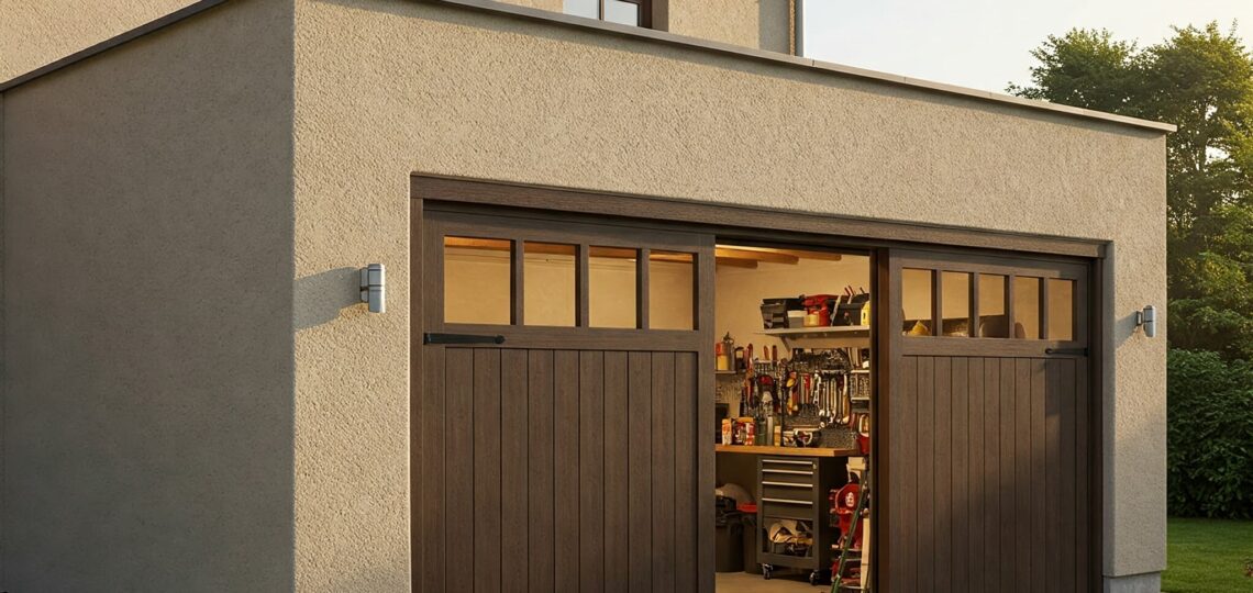 Doppelgarage mit modernen, dunkelbraunen Holztoren und gepflegter Fassade, Einblick in die geordnete Werkstatt im Inneren.